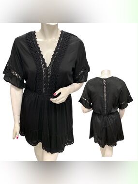 Raviya Black Crochet-Trim V-Neck Mini Dress Size L